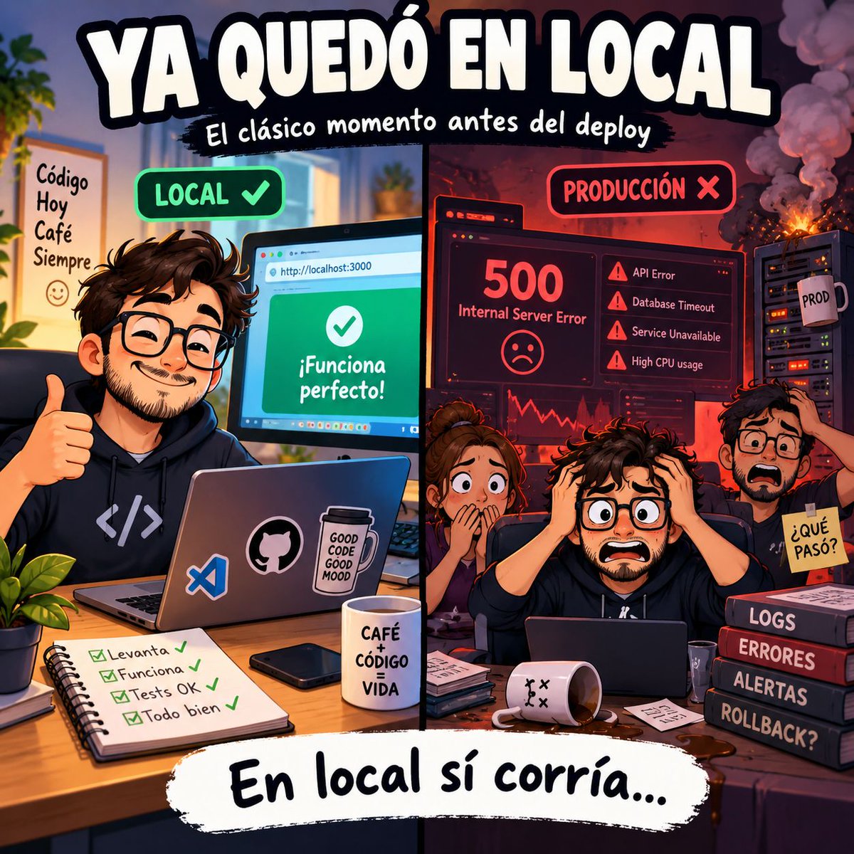 tecgurusnet's tweet photo. ✦ Viernes: “ya quedó”.
☁ Sábado: producción tiene otros planes.
Entre variables de entorno, permisos, dependencias y despliegue… el clásico “en local funciona” nunca pasa de moda.
¿Cuál ha sido tu versión más dolorosa de este meme?
#Programadores #HumorDev #TecGurus https://t.co/PyCZJ8BRVO