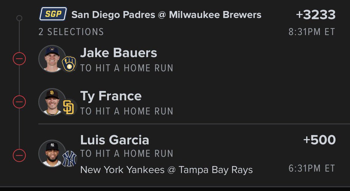 Davisparlay's tweet photo. 🔥 3-LEG HOME RUN PARLAY 🔥

⚾ Jake Bauers — To Hit a Home Run
⚾ Ty France — To Hit a Home Run
⚾ Luis Garcia — To Hit a Home Run

💰 +3233

#MLB #MLBPicks #HomeRunParlay #HRParlay #BaseballPicks #SportsBetting #BettingPicks #MLBParlay #Parlay #Baseball https://t.co/O0OpGxqs9A