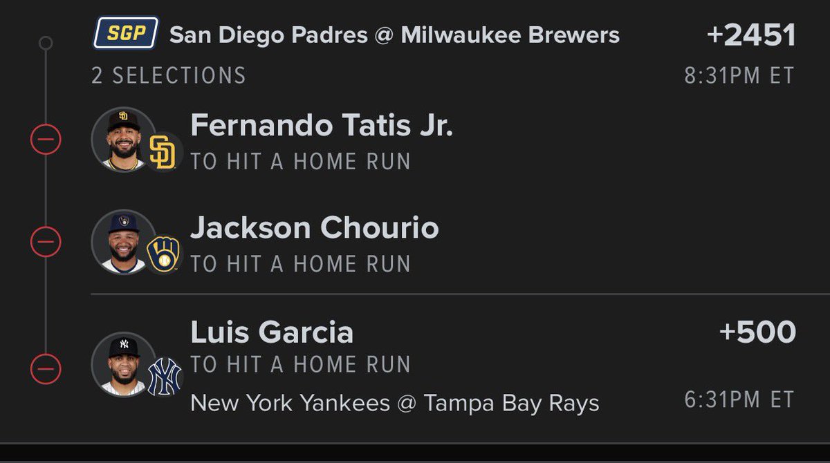Davisparlay's tweet photo. 🔥 3-LEG HOME RUN PARLAY 🔥

⚾ Fernando Tatis Jr. — To Hit a Home Run
⚾ Jackson Chourio — To Hit a Home Run
⚾ Luis Garcia — To Hit a Home Run

💰 +2451

#MLB #MLBPicks #HomeRunParlay #HRParlay #BaseballPicks #SportsBetting #BettingPicks #MLBParlay #Parlay #Baseball https://t.co/jhUDbxx6r5