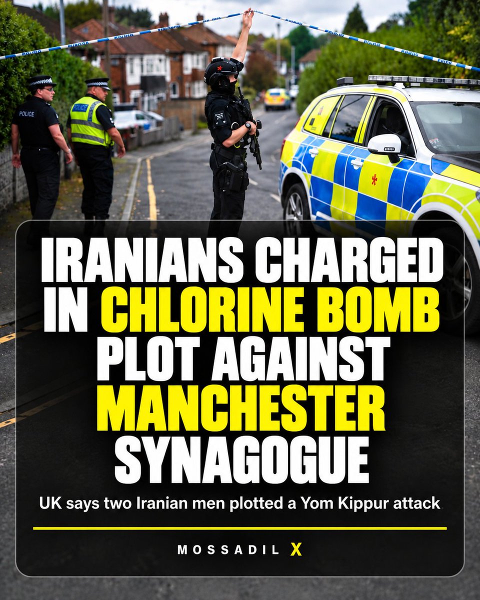 MOSSADil's tweet photo. 🚨 IRANIANS CHARGED IN CHLORINE BOMB PLOT AGAINST MANCHESTER SYNAGOGUE

UK prosecutors say two Iranian men plotted to bomb Jewish targets in Manchester, including the Heaton Park synagogue attacked on Yom Kippur last year.

Rahman Salehi, 34, and Salam Ahmadyan, 36, allegedly conducted “hostile” surveillance, obtained materials for a homemade chlorine bomb and received instructions from a third person believed to be in Iran.

UK Home Minister Shabana Mahmood: “They target our Jewish communities and try to silence their critics overseas, often through proxies and criminal networks to hide their involvement.”