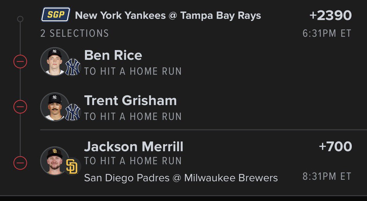 Davisparlay's tweet photo. 🔥 3-LEG HOME RUN PARLAY 🔥

⚾ Ben Rice — To Hit a Home Run
⚾ Trent Grisham — To Hit a Home Run
⚾ Jackson Merrill — To Hit a Home Run

💰 +2390

#MLB #MLBPicks #HomeRunParlay #HRParlay #BaseballPicks #SportsBetting #BettingPicks #MLBParlay #Parlay #Baseball https://t.co/db0bWJgPjc