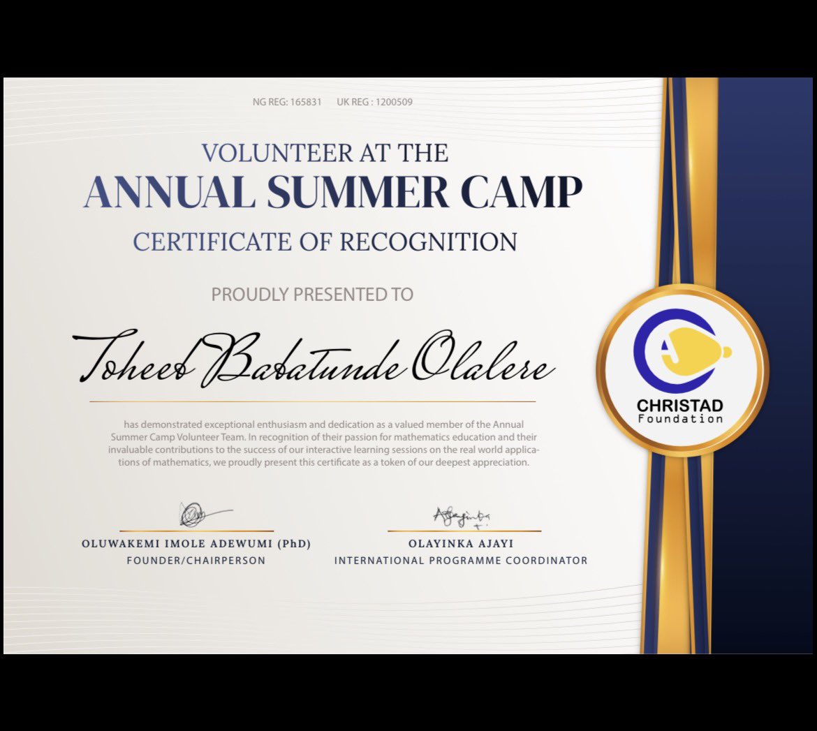 Toheeb2509's tweet photo. my proudest certification as an undergraduate 
used to volunteer as a tutor for mathematics outreach (Christad Foundation) to schools around Ibadan during my undergraduate studies. https://t.co/A3BCo2X1h7