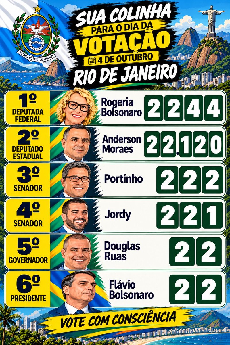 BolsonaroSP's tweet photo. 🔵⚪️ RIO DE JANEIRO ⚪️🔵

FED. Rogeria Bolsonaro 2244
@RNBolsonaro22

EST. Anderson Moraes 22.120
@deputadomoraes

SEN. Portinho 222
@carlosfportinho

SEN. Jordy 221
@carlosjordy

GOV. Douglas Ruas 22
@DouglasRuas_RJ

PR. Flávio Bolsonaro 22
@FlavioBolsonaro https://t.co/cLLKH1dPxs