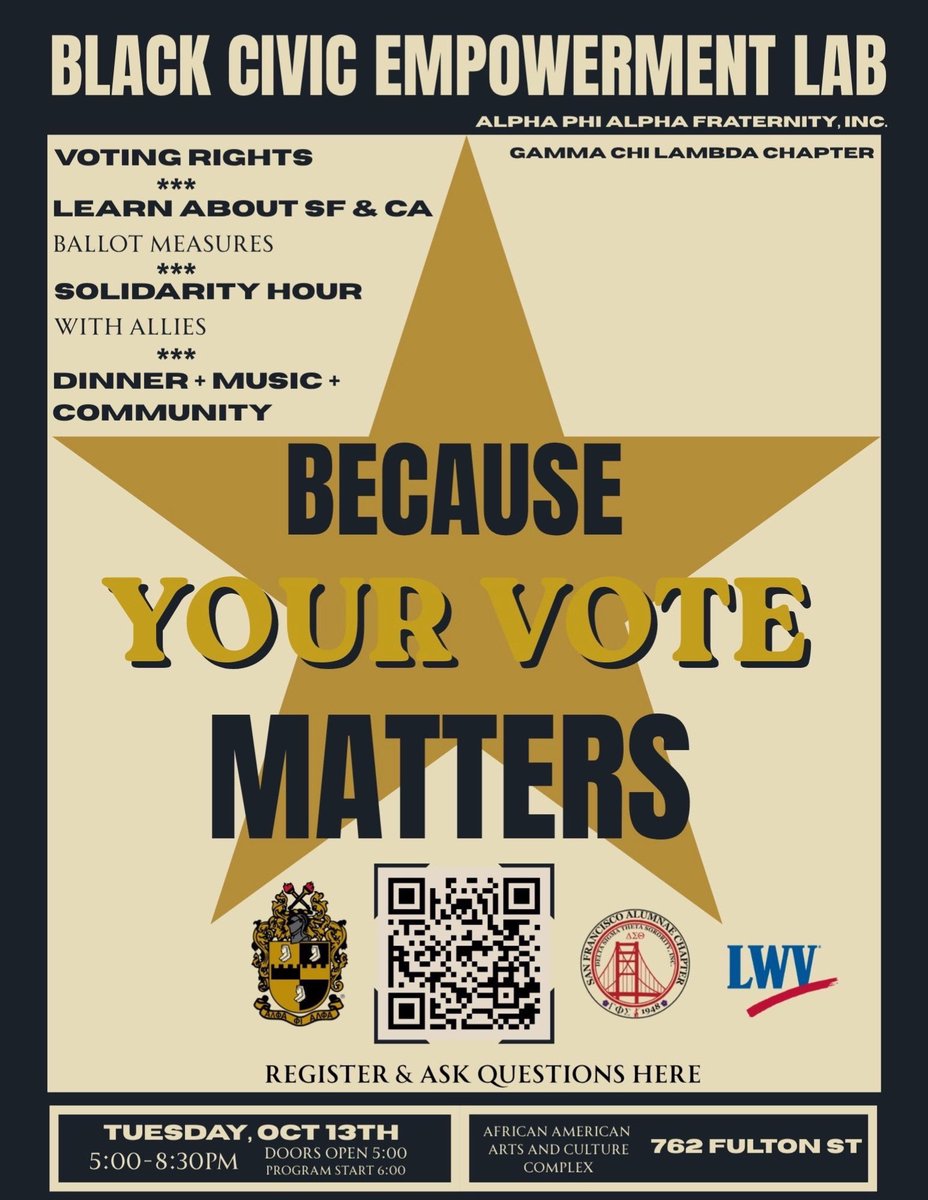 sf_alphas's tweet photo. Black Civic Empowerment Lab! Join the Brothers of the Gamma Chi Lambda Chapter for an evening focused on voting rights, SF and CA ballot measures, solidarity with allies, plus dinner, music, and community.
Because YOUR Vote Matters!
๐ค๐พโ๏ธ๐ค๐พ #AlphaPhiAlpha #APhiA #AlphaWest #D9 https://t.co/DRTZgZ33yi