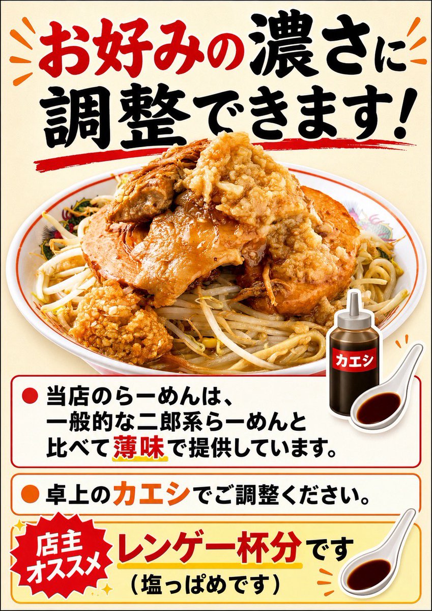Tanjiro_isesaki's tweet photo. 「もう少し濃い味が好き。」
そんな時は、卓上のカエシでお好みの濃さに調整！

たん二郎のらーめんは、一般的な二郎系よりも少し控えめな味付けでご提供
だからこそ、自分だけの“ちょうどいい一杯”が楽しめます

店主おすすめはレンゲ1杯分✨
少しずつ加えながら、お好みの味を見つけてみてください！ https://t.co/Uzozr0TXxj