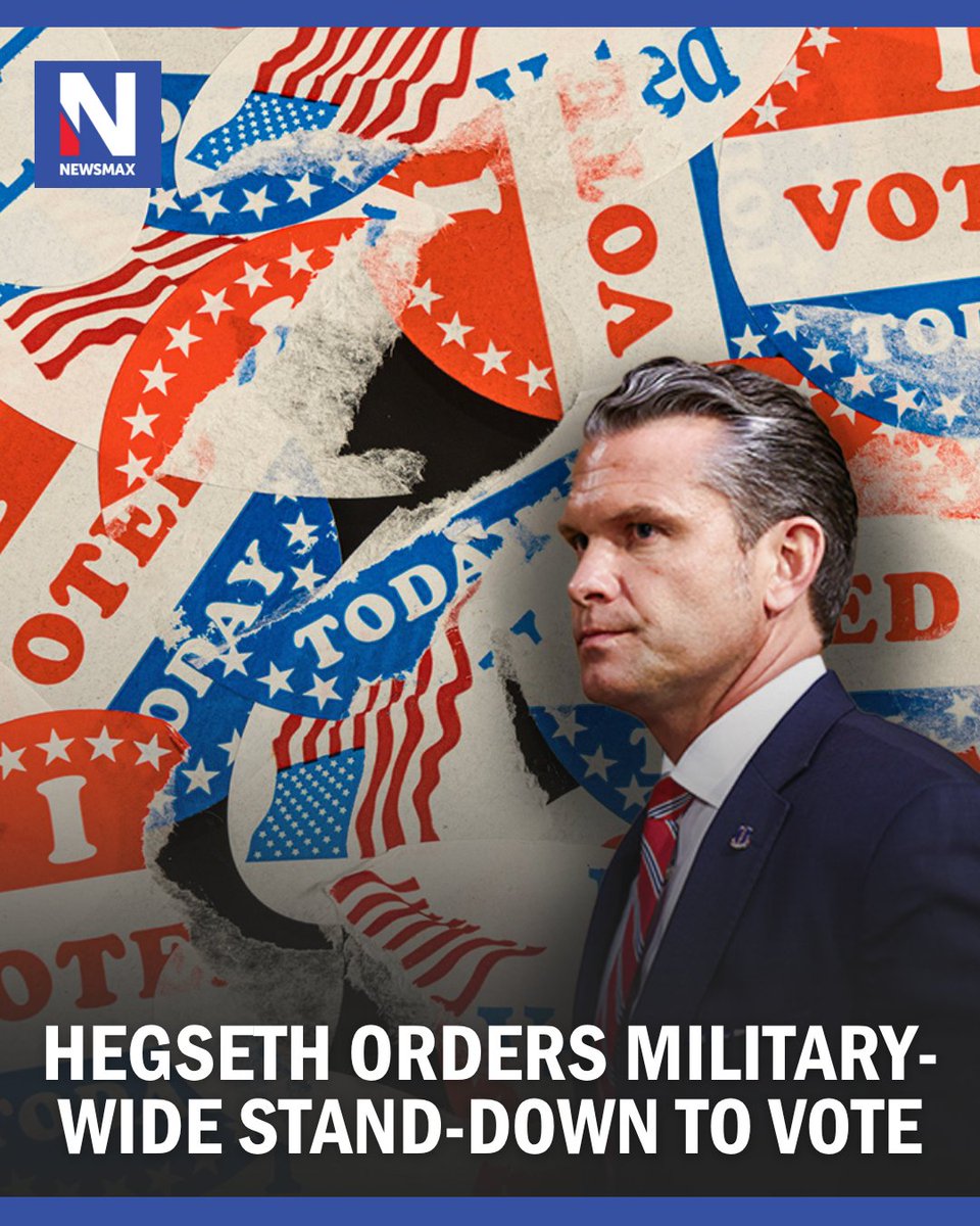 NEWSMAX's tweet photo. War Secretary Pete Hegseth has ordered the military to hold a one-day stand-down by Oct. 15 to give service members time to vote in the midterm elections, a move he says will become standard practice in federal election years.

https://t.co/sMsb0VOIrJ https://t.co/hlUh5ZZJkn