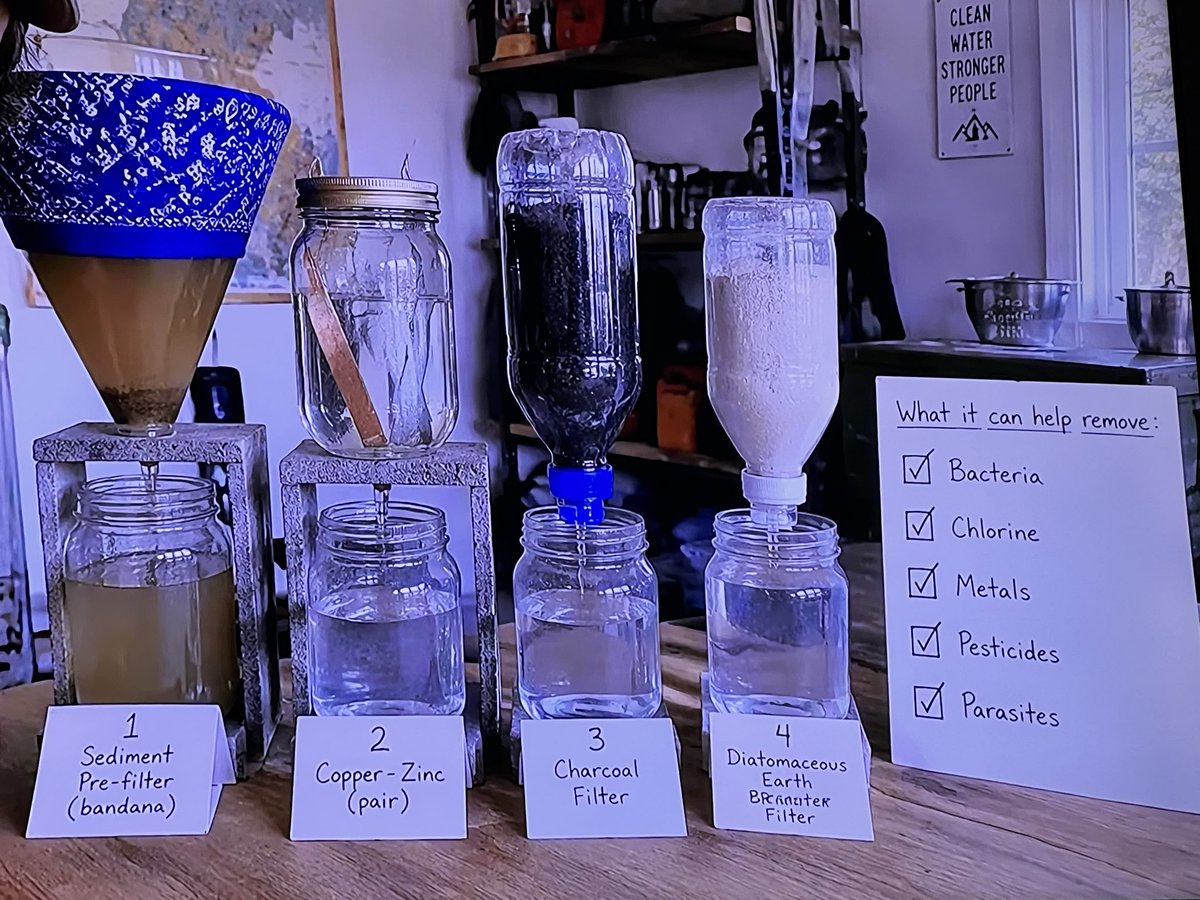 HGalinatti's tweet photo. Water Filtration System

1- filter dirty water with table cloth to separate solids and sediments. 
2- filter water through twisted copper and zinc metal for 8-16 hours. 
3- filter water through active charcoal. 
4- Filter water through diatomaceous earth (soft white made from fossilized microscopic algae) found in gardening products.