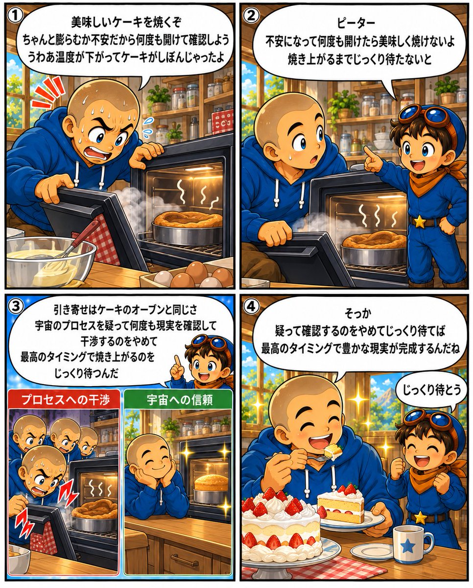 pepe222peter's tweet photo. 「ちゃんと叶うかな…」と、
何度も現実を確認して疑っていませんか？🍰

引き寄せは「ケーキのオーブン」と同じ。焼いている途中で何度も扉を開けると、温度が下がってしぼんでしまいます。

宇宙のプロセスに干渉するのをやめ、最高のタイミングで完成するのをじっくり待つ法則は図解で😌
👇 https://t.co/QVYS2oYdEE