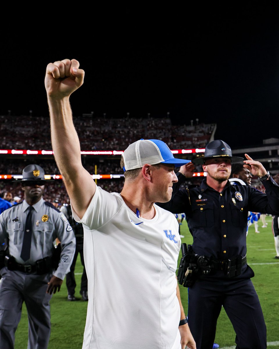UKAthletics's tweet photo. First football coach in school history to win his first two @SEC road games 😼 https://t.co/eOdkxU3Jtv