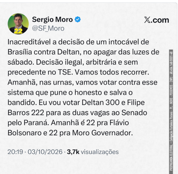 EliseWilshaw's tweet photo. Senado Paraná - 
Filipe Barros (PL) – Número 222 
Deltan Dallagnol (Novo) – Número 300

Colocação nas pesquisas.
Filipe Barros (PL): 25%
Deltan Dallagnol (Novo): 21% https://t.co/k9LqreRIuv