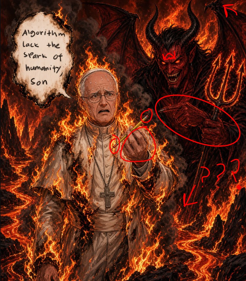 Trace1541628's tweet photo. @plainrocktweets @MasaruAbe4 - pope has too many fingers.
- Pencil has two erasers
- Devil has two hands on the same arm, additionally too many fingers.
- One eye has a pupil, the other doesn't. Inconsistent, do better. 
- Wing talon is duplicated, do better.
- A.I slop commission too bloated with colors. https://t.co/cirmkoJtWE