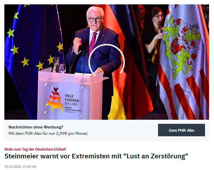 PeterBorbe's tweet photo. Wieviel ist ein Bundespräsident wert, der jeden feierlichen Anlass entweiht, indem er immer wieder die gleichen Sprüche runterleiert, parteipolitisch gefärbt, große Teile der Opposition beleidigt?
Man sagt immer, Populisten würden das Land schlecht reden, dabei macht Steinmeier genau das, wenn er Millionen Menschen im Land unterstellt, Demokratiefeinde zu sein. Nur, weil sie seine Partei und deren Verbündete nicht mehr wählen wollen.