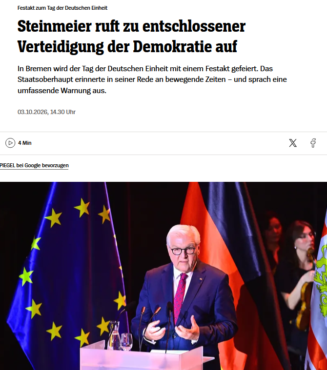 PeterBorbe's tweet photo. Wieviel ist ein Bundespräsident wert, der jeden feierlichen Anlass entweiht, indem er immer wieder die gleichen Sprüche runterleiert, parteipolitisch gefärbt, große Teile der Opposition beleidigt?
Man sagt immer, Populisten würden das Land schlecht reden, dabei macht Steinmeier genau das, wenn er Millionen Menschen im Land unterstellt, Demokratiefeinde zu sein. Nur, weil sie seine Partei und deren Verbündete nicht mehr wählen wollen.
