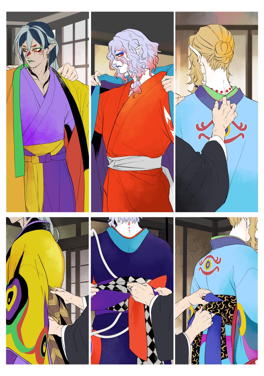 vsoan319's tweet photo. お支度薬売り
（※かつて青髭だったかもしれない着付け担当のモブ男衆がいます）
モノノ怪蛇神ランクインおめでとう！
台本、設定資料集、三振りの小説、待機中です！ https://t.co/2LYKFYEsRJ