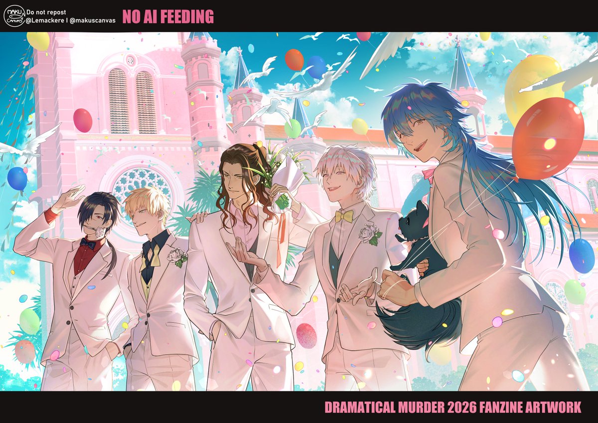 Lemackere's tweet photo. Yes, I drew 2 DMMD fanzine artwork.
I only had time to draw the main cast this time tho.
The pink church in the BG is hand drawn based on Tân Định church in Vietnam, and yes the church is canonically pink. And with the blue sky it is the DMMD theme color no doubt 😍 https://t.co/XBWsbDgr1j