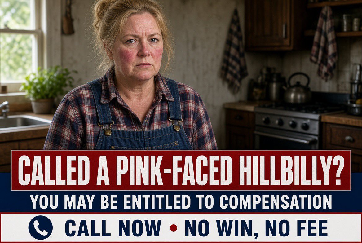 QueenAnticommie's tweet photo. Have you ever been called a pink-faced hillbilly?

You may be entitled to compensation.

If someone labeled you a pink-faced hillbilly, call now. You could qualify for a cash settlement. No win, no fee. Operators are standing by. https://t.co/kPqkCG9WS9