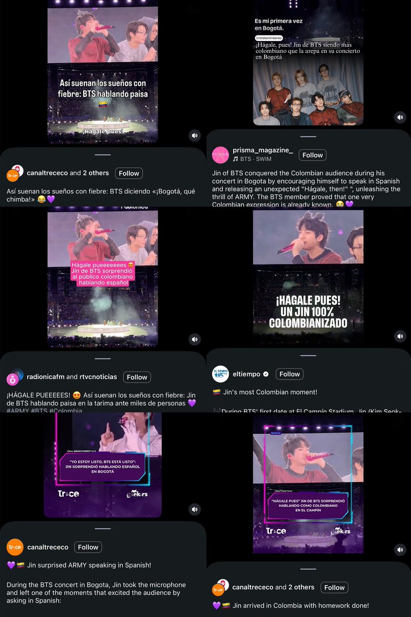 seokjinism1's tweet photo. So many local Colombian and Spanish news channels and media accounts covering Jin’s ending speech in Bogota Colombia D1 show. They called it the most talked about and most Colombian Moments of the night. 

Some of the captions:
 
- Jin, member of BTS, starred in one of the most talked about moments during the first date of his performance at El Campín Stadium in Bogota. 

-Jin from BTS conquered El Campín with his most Colombian moment 

- Jin from BTS being more Colombian than the arepa at his concert in Bogotá"

 "That 'hágale pues' came out sounding more Colombian than a bandeja paisa"

- The expression unleashed the screams of thousands of fans in El Campin and became one of the most Colombian moments of the night.

- Jin from BTS surprised by speaking like a true Colombian

 - Jin arrived in Colombia with homework done

- The expression unleashed the screams of thousands of fans in El Campín and became one of the most Colombian moments of the night.

-This is what a fever dream sounds like: Jin from BTS speaking paisa on stage in front of thousands of people 💜 

- Jin had been studying Spanish to connect with his Colombian followers. The artist unleashed the crowd's emotion when he uttered a very well-known expression in Colombia

-Jin captivated his Colombian fans by speaking in Spanish

#BTS_WORLDTOUR_ARIRANG_BOGOTA
#방탄소년단진 #진 #JIN #BTSJIN