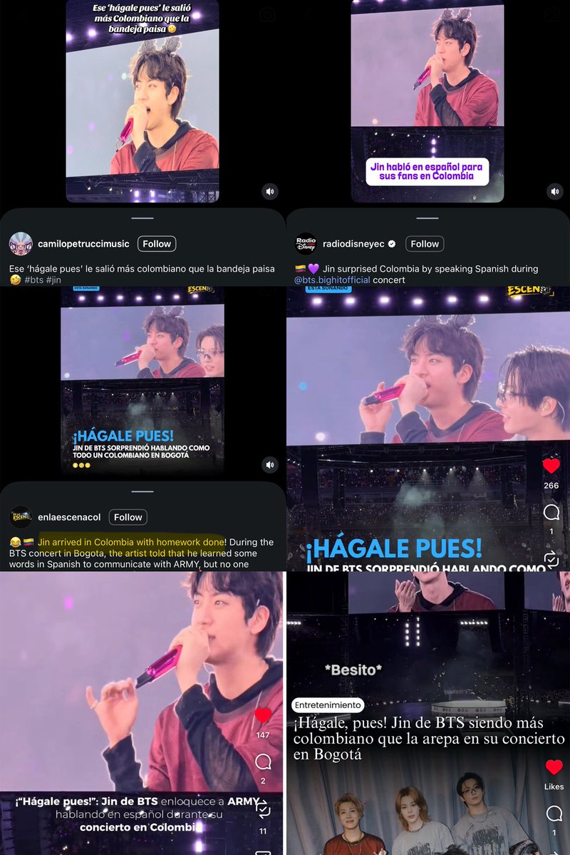 seokjinism1's tweet photo. So many local Colombian and Spanish news channels and media accounts covering Jin’s ending speech in Bogota Colombia D1 show. They called it the most talked about and most Colombian Moments of the night. 

Some of the captions:
 
- Jin, member of BTS, starred in one of the most talked about moments during the first date of his performance at El Campín Stadium in Bogota. 

-Jin from BTS conquered El Campín with his most Colombian moment 

- Jin from BTS being more Colombian than the arepa at his concert in Bogotá"

 "That 'hágale pues' came out sounding more Colombian than a bandeja paisa"

- The expression unleashed the screams of thousands of fans in El Campin and became one of the most Colombian moments of the night.

- Jin from BTS surprised by speaking like a true Colombian

 - Jin arrived in Colombia with homework done

- The expression unleashed the screams of thousands of fans in El Campín and became one of the most Colombian moments of the night.

-This is what a fever dream sounds like: Jin from BTS speaking paisa on stage in front of thousands of people 💜 

- Jin had been studying Spanish to connect with his Colombian followers. The artist unleashed the crowd's emotion when he uttered a very well-known expression in Colombia

-Jin captivated his Colombian fans by speaking in Spanish

#BTS_WORLDTOUR_ARIRANG_BOGOTA
#방탄소년단진 #진 #JIN #BTSJIN