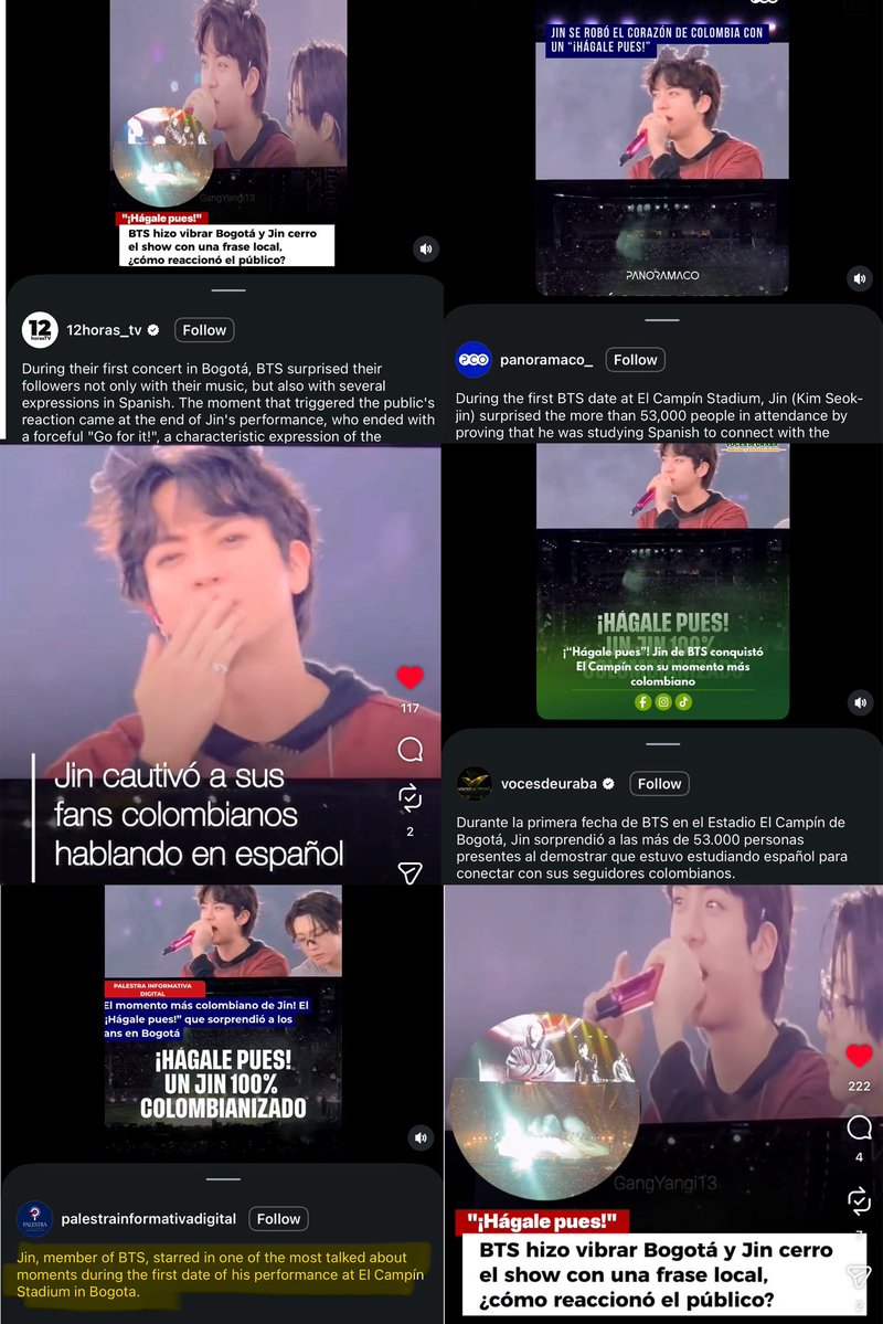 seokjinism1's tweet photo. So many local Colombian and Spanish news channels and media accounts covering Jin’s ending speech in Bogota Colombia D1 show. They called it the most talked about and most Colombian Moments of the night. 

Some of the captions:
 
- Jin, member of BTS, starred in one of the most talked about moments during the first date of his performance at El Campín Stadium in Bogota. 

-Jin from BTS conquered El Campín with his most Colombian moment 

- Jin from BTS being more Colombian than the arepa at his concert in Bogotá"

 "That 'hágale pues' came out sounding more Colombian than a bandeja paisa"

- The expression unleashed the screams of thousands of fans in El Campin and became one of the most Colombian moments of the night.

- Jin from BTS surprised by speaking like a true Colombian

 - Jin arrived in Colombia with homework done

- The expression unleashed the screams of thousands of fans in El Campín and became one of the most Colombian moments of the night.

-This is what a fever dream sounds like: Jin from BTS speaking paisa on stage in front of thousands of people 💜 

- Jin had been studying Spanish to connect with his Colombian followers. The artist unleashed the crowd's emotion when he uttered a very well-known expression in Colombia

-Jin captivated his Colombian fans by speaking in Spanish

#BTS_WORLDTOUR_ARIRANG_BOGOTA
#방탄소년단진 #진 #JIN #BTSJIN