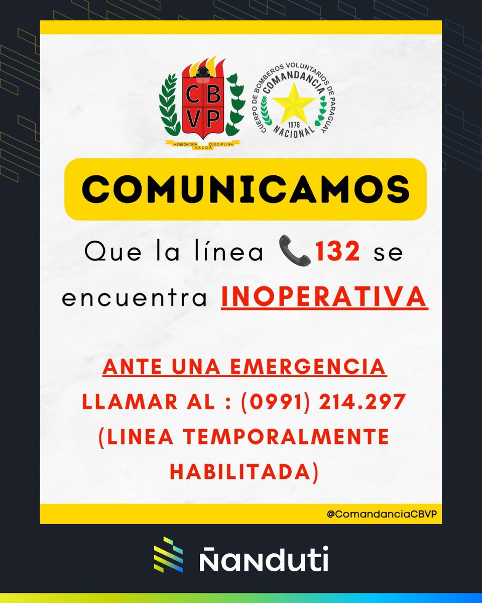 nanduti's tweet photo. #AHORA | 🚨 Bomberos Voluntarios habilitan línea alternativa tras falla en el 132

👉 El Cuerpo de Bomberos Voluntarios del Paraguay (CBVP) informó que la línea de emergencias 132 se encuentra inoperativa.

☎️ Ante cualquier emergencia, la institución instó a comunicarse al número 0991 214 297, habilitado de forma temporal mientras se soluciona el inconveniente.

#Ñanduti