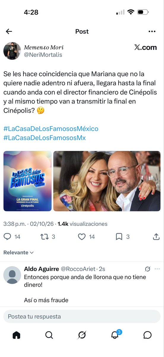 RoccoAriet's tweet photo. @jessiecervantes @LaCasaFamososMx Fraude porque todos sabemos que va ganar Mariana voten o no vote la gente
Por eso la regresaron inventando su disque exilio cuando Mariana se fue muy agusto a su casa y ver todo lo que habían hablado 

Así que eso es ventaja y sobre todo en los juegos 

FRAUDE !!!! https://t.co/goYHifbz0S