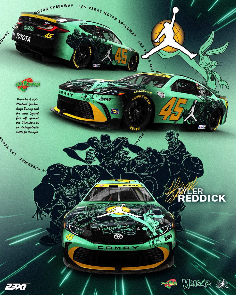 SoleRetriever's tweet photo. Tyler Reddick debuted his Monstars green No. 45 celebrating the 30th Anniversary of ‘Space Jam’ 🪐🏀🏁

📷 @NASCARonUSA / @23XIRacing https://t.co/lkpdGTdPQ1
