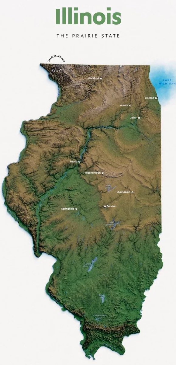 Chicago2100's tweet photo. Map so textured you actually think Rockford is in the mountains and Peoria in the Grand Canyon https://t.co/bwPHxvGbjT