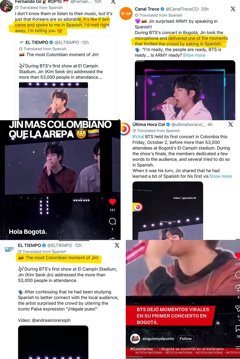 seokjinism1's tweet photo. So many local Colombian and Spanish news channels and media accounts covering Jin’s ending speech in Bogota Colombia D1 show. They called it the most talked about and most Colombian Moments of the night. 

Some of the captions:
 
- Jin, member of BTS, starred in one of the most talked about moments during the first date of his performance at El Campín Stadium in Bogota. 

-Jin from BTS conquered El Campín with his most Colombian moment 

- Jin from BTS being more Colombian than the arepa at his concert in Bogotá"

 "That 'hágale pues' came out sounding more Colombian than a bandeja paisa"

- The expression unleashed the screams of thousands of fans in El Campin and became one of the most Colombian moments of the night.

- Jin from BTS surprised by speaking like a true Colombian

 - Jin arrived in Colombia with homework done

- The expression unleashed the screams of thousands of fans in El Campín and became one of the most Colombian moments of the night.

-This is what a fever dream sounds like: Jin from BTS speaking paisa on stage in front of thousands of people 💜 

- Jin had been studying Spanish to connect with his Colombian followers. The artist unleashed the crowd's emotion when he uttered a very well-known expression in Colombia

-Jin captivated his Colombian fans by speaking in Spanish

#BTS_WORLDTOUR_ARIRANG_BOGOTA
#방탄소년단진 #진 #JIN #BTSJIN