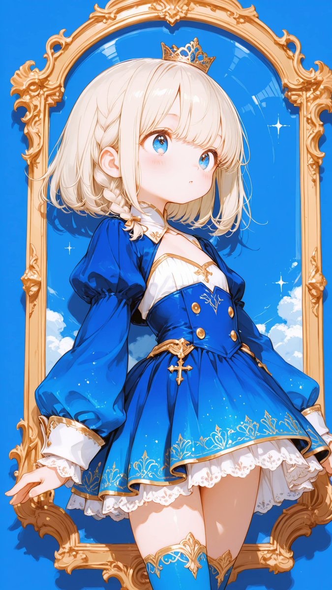 AliceLavli's tweet photo. 青いベルベットのワンピースドレスの衣装プロンプトをどうぞ✨
deep azure-blue high-neck mini dress in soft matte velvet-like fabric; close-fitting bodice with a tall structured collar, defined waist and slim fitted skirt ending mid-thigh; long sleeves with softly raised shoulders, generous gathered volume through the forearms and narrow buttoned cuffs; bold asymmetrical double-breasted placket crossing diagonally from the upper shoulder down the front to the skirt hem, decorated with a single row of round antique-gold buttons; gathered blue ruffle trim running alongside the slanted placket from the waist to the lower hem; smooth uninterrupted blue panels, tailored seams and a fixed body-hugging silhouette with diagonal front closure