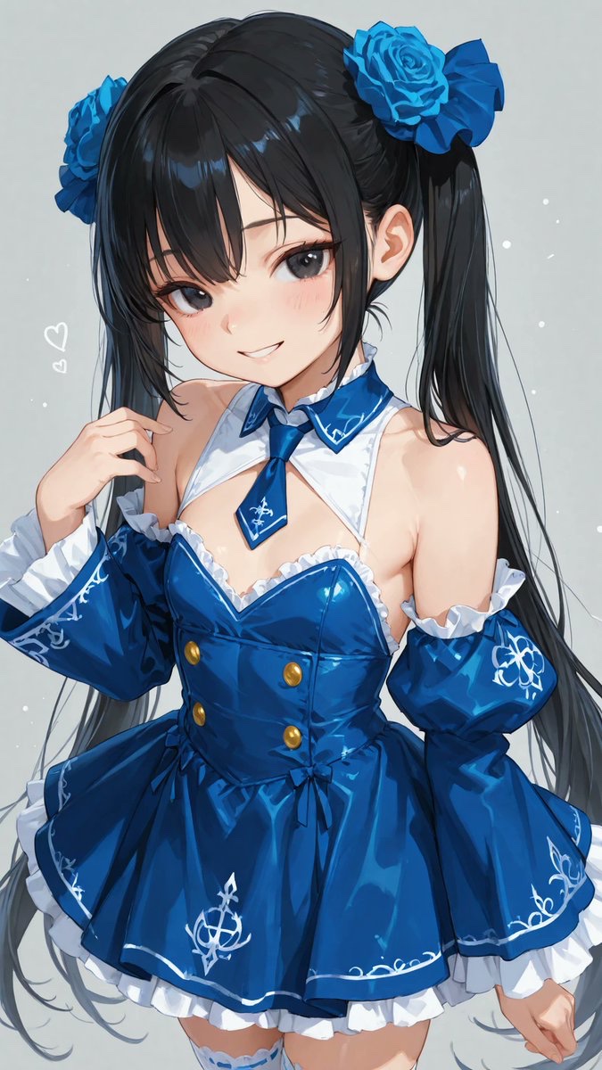 AliceLavli's tweet photo. 青いベルベットのワンピースドレスの衣装プロンプトをどうぞ✨
deep azure-blue high-neck mini dress in soft matte velvet-like fabric; close-fitting bodice with a tall structured collar, defined waist and slim fitted skirt ending mid-thigh; long sleeves with softly raised shoulders, generous gathered volume through the forearms and narrow buttoned cuffs; bold asymmetrical double-breasted placket crossing diagonally from the upper shoulder down the front to the skirt hem, decorated with a single row of round antique-gold buttons; gathered blue ruffle trim running alongside the slanted placket from the waist to the lower hem; smooth uninterrupted blue panels, tailored seams and a fixed body-hugging silhouette with diagonal front closure