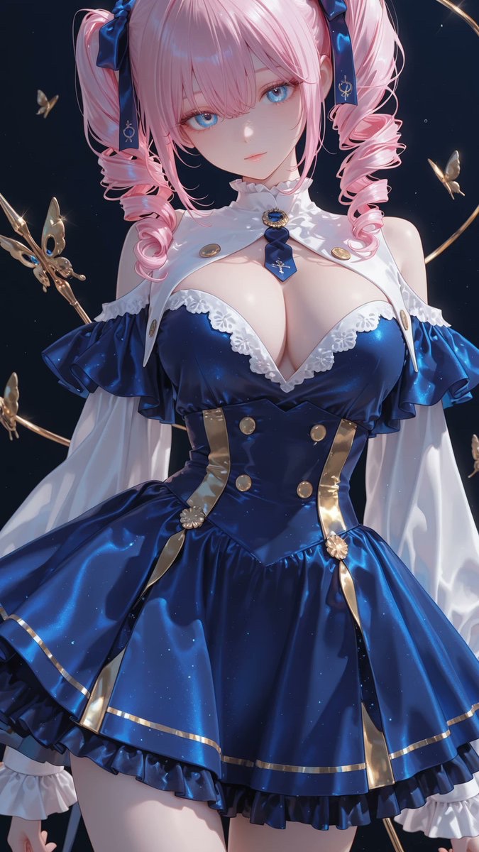 AliceLavli's tweet photo. 青いベルベットのワンピースドレスの衣装プロンプトをどうぞ✨
deep azure-blue high-neck mini dress in soft matte velvet-like fabric; close-fitting bodice with a tall structured collar, defined waist and slim fitted skirt ending mid-thigh; long sleeves with softly raised shoulders, generous gathered volume through the forearms and narrow buttoned cuffs; bold asymmetrical double-breasted placket crossing diagonally from the upper shoulder down the front to the skirt hem, decorated with a single row of round antique-gold buttons; gathered blue ruffle trim running alongside the slanted placket from the waist to the lower hem; smooth uninterrupted blue panels, tailored seams and a fixed body-hugging silhouette with diagonal front closure