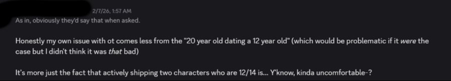 Mizuartz's tweet photo. @keanechiii1857 Seeing this post honestly helped my mental health a bit...

Also what is this statement can we talk about this?

"I found it less of an issue that the relationship is 20/12, but shipping characters that are 12/14 is uncomfortable," what are we talking about bro </3 https://t.co/Owoqu5WZXY