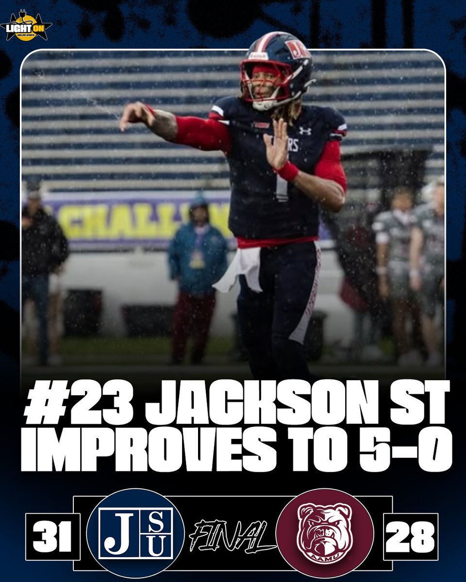 LightOnSports's tweet photo. No. 23 Jackson State defeats Alabama A&amp;M in the Gulf Coast Challenge, improving to 5-0 🐅🔥

#TheeILove @gojsutigersfb https://t.co/BxJ2Fq9vrX