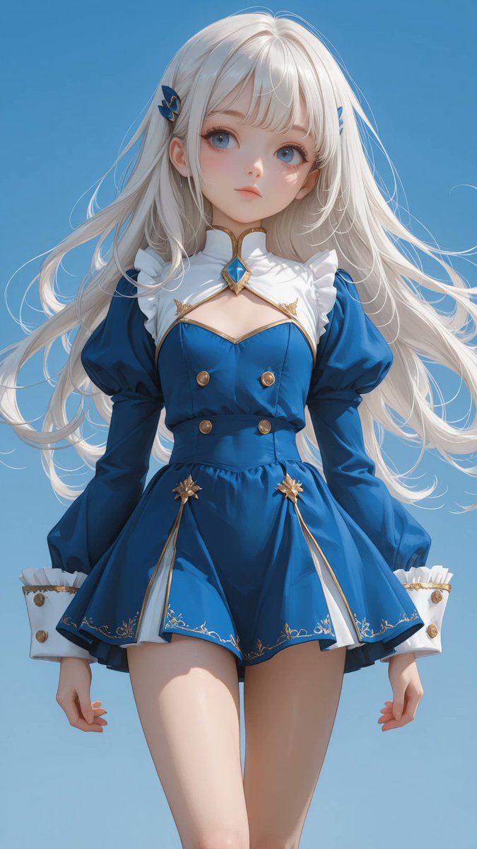 AliceLavli's tweet photo. 青いベルベットのワンピースドレスの衣装プロンプトをどうぞ✨
deep azure-blue high-neck mini dress in soft matte velvet-like fabric; close-fitting bodice with a tall structured collar, defined waist and slim fitted skirt ending mid-thigh; long sleeves with softly raised shoulders, generous gathered volume through the forearms and narrow buttoned cuffs; bold asymmetrical double-breasted placket crossing diagonally from the upper shoulder down the front to the skirt hem, decorated with a single row of round antique-gold buttons; gathered blue ruffle trim running alongside the slanted placket from the waist to the lower hem; smooth uninterrupted blue panels, tailored seams and a fixed body-hugging silhouette with diagonal front closure
