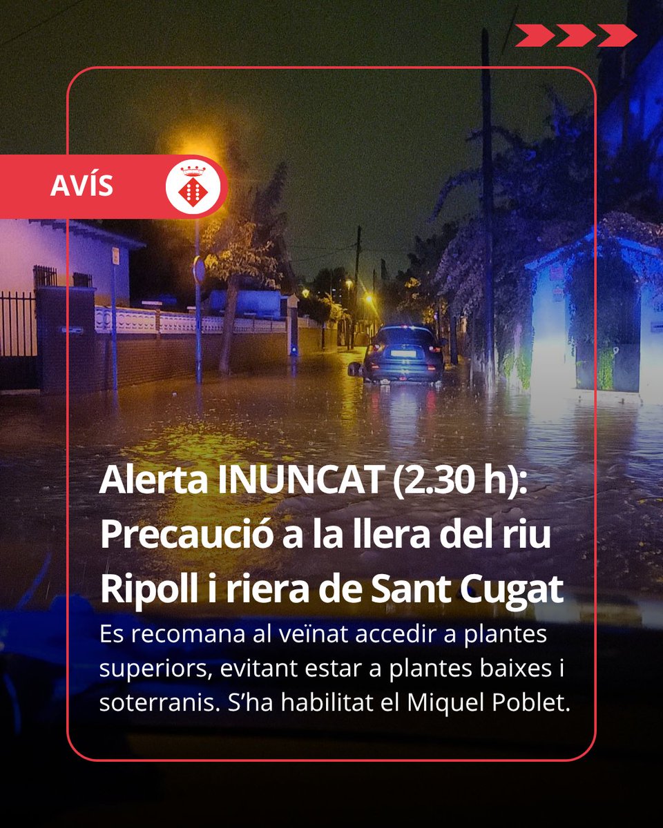AjMontcada's tweet photo. 🔴⛈️ ACTUALITZACIÓ INUNCAT: DIUMENGE 4 D'OCTUBRE (2.30 h) | Molta precaució a la conca del riu Besòs i a la llera del riu Ripoll.

L’ACA ha informat de la situació de risc hidrològic a la conca del riu Besòs i que s’ha superat el llindar d’alerta al riu Ripoll.

‼️ Es recomana al veïnat proper al riu Ripoll i a la riera de Sant Cugat que accedeixi a plantes superiors i eviti quedar-se a plantes baixes o soterranis.

📍 L’Ajuntament ha habilitat el pavelló Miquel Poblet com a punt d’acollida per a les persones afectades.

Continuen vigents fins aquest diumenge 4 d'octubre, a les 14 h, les restriccions de desplaçaments no imprescindibles i les activitats a l’aire lliure, esportives i culturals.

📲 Seguiu els canals oficials de l’Ajuntament per conèixer qualsevol actualització al municipi
🆘 En cas d’emergència, truqueu al 112