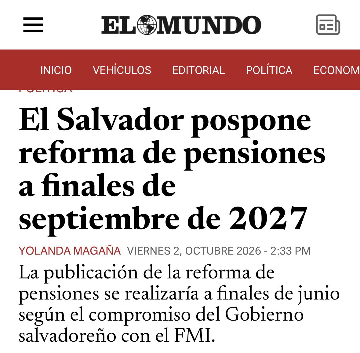 antoasb's tweet photo. Se cumplió lo que varios advertimos: la medicina amarga será postergada para después de las elecciones del febrero de 2027.

“El gobierno de El Salvador se comprometió con el FMI a presentar ante la Asamblea Legislativa un proyecto de reforma paramétrica de pensiones a finales de junio de 2027, para buscar su aprobación legislativa a finales de septiembre del mismo año, según el informe del personal técnico de la segunda y tercera revisiones en el marco del Servicio Ampliado del Fondo publicado este viernes.”

https://t.co/dKJNvE1ZHI