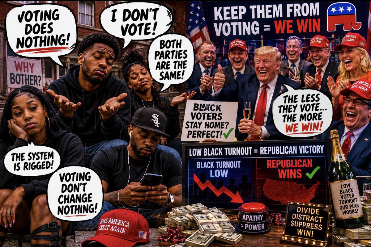 Bmbempower's tweet photo. I never hear white people telling their own people not to vote. I only hear that message aimed at Black voters.

Every generation before us fought for this right. Our ancestors marched, registered, and sometimes died for access to the ballot box. Casting a vote honors that legacy and builds power for the next generation.

Black voices shape school boards, city councils, state legislatures, and the highest offices in this country when Black voters show up. Encourage your family, your friends, your neighbors to register and vote. Show up at every election, local and national. Our power grows when we use it.

Make a plan to vote. Check your registration. Bring someone with you to the polls.

#VoteReady #BlackVotesMatter #OurPowerOurVote #BlackVoterTurnout #VoteLikeOurAncestors #CivicDuty #TexasVotes #MakeAPlan #EveryVoteCounts #BlackExcellence
