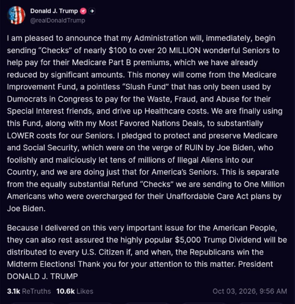 kamilah120's tweet photo. JUST IN: Trump says over 20 million seniors will get "nearly $100" Medicare checks and promises a $5,000 "Trump Dividend" for every US citizen if Republicans win the midterms. https://t.co/JidOJcaCLw