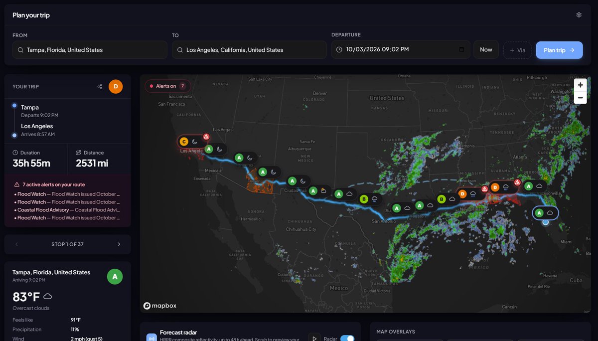 FirstinWeather's tweet photo. (1/3) Ever wondered what the weather is going to be like during your road trip? Here's an updated version of my route planner app that I released a couple years back (modernized with Claude!). 

https://t.co/447laBmA8t https://t.co/6hdkrABwyv