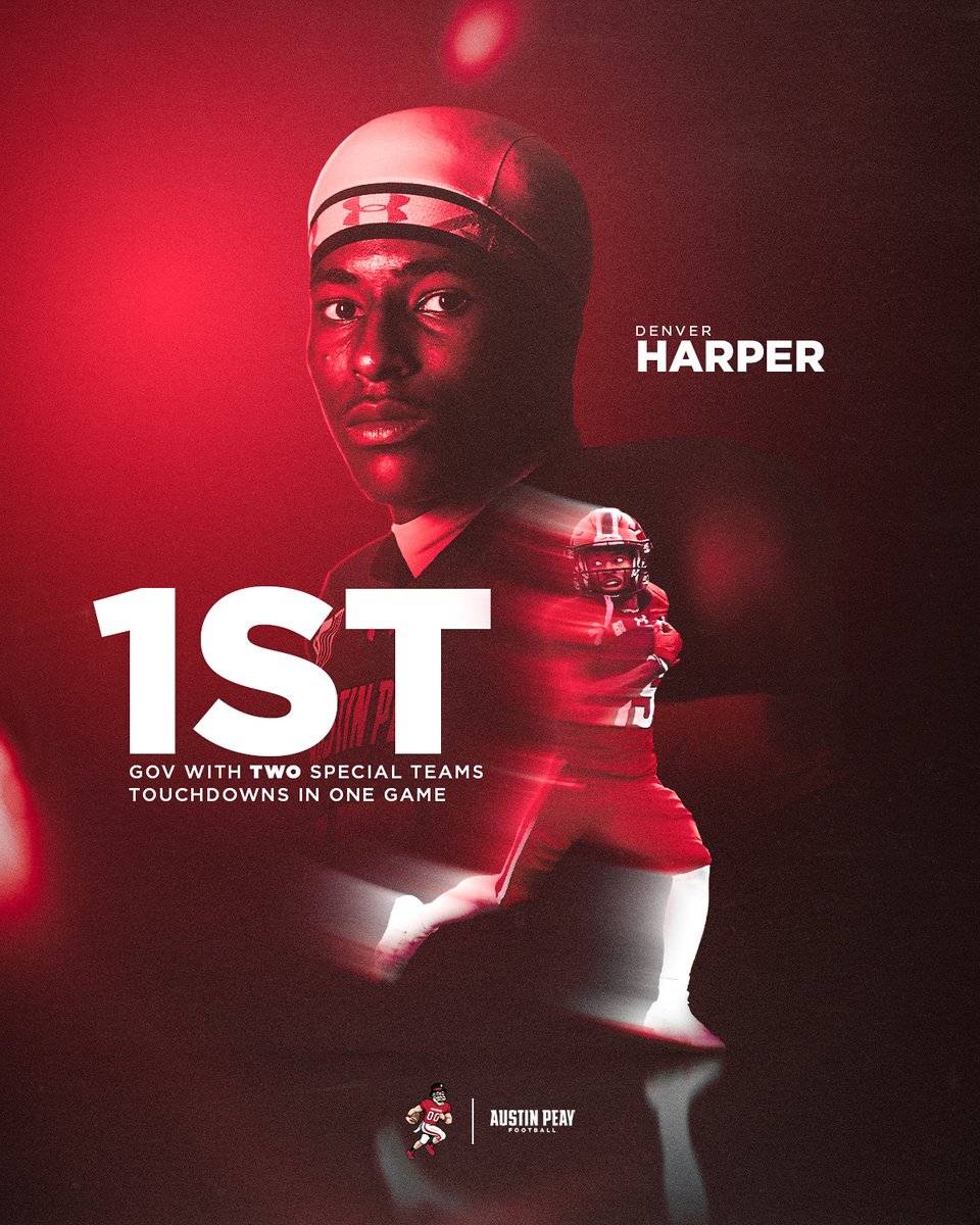 GovsFB's tweet photo. 𝗛𝗜𝗦𝗧𝗢𝗥𝗬 𝗙𝗢𝗥 𝗗𝗘𝗡𝗩𝗘𝗥 𝗛𝗔𝗥𝗣𝗘𝗥! 🎩🏈
@Denver_Harper1 becomes the first player in program history with 𝗧𝗪𝗢 special teams touchdowns in a single game!

#LetsGoPeay | #WeWILL https://t.co/2lIbbUoVLf