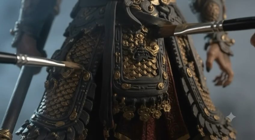 A close-up of intricately detailed dark armor with gold accents and a lion emblem, with a sharp blade pointed at the chest plate.