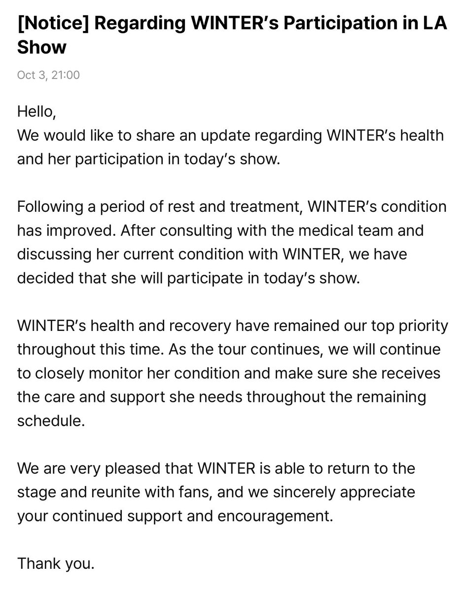 wntrult's tweet photo. SM Entertainment has announced that aespa WINTER will participate in today’s SYNK : COMPLaeXITY in Los Angeles show. 

— Following a period of rest and treatment, WINTER’s condition has improved. After consulting with the medical team and discussing her current condition with WINTER, we have decided that she will participate in today’s show. WINTER’s health and recovery have remained our top priority throughout this time. As the tour continues, we will continue to closely monitor her condition and make sure she receives the care and support she needs throughout the remaining schedule.