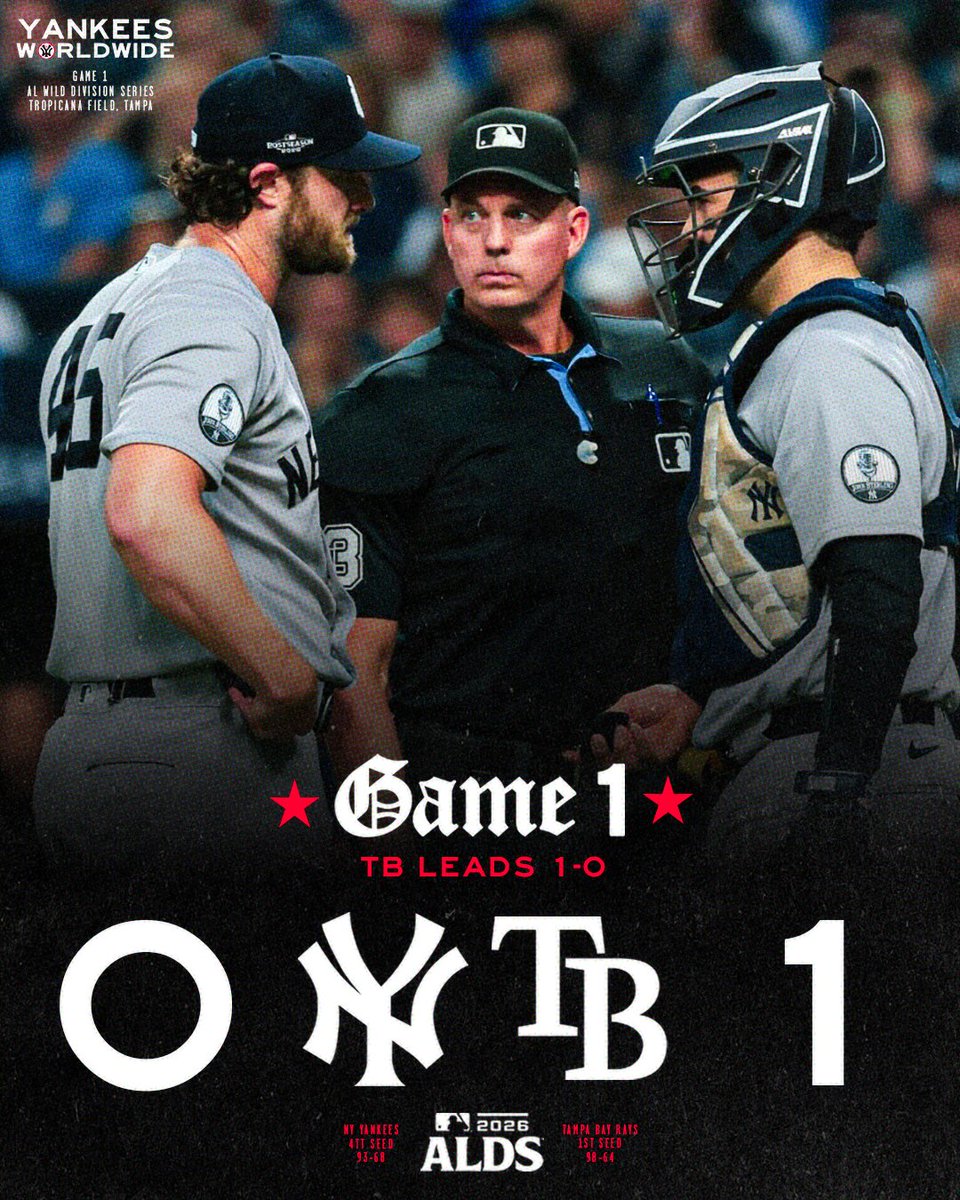 NYYWorldwide's tweet photo. Yanks drop Game 1.

No hits through 7.2 innings. Shutout to start the series. Gerrit Cole kept the Yankees in the game as Drew Rasmussen CARVED the offense. Austin Wells collected the Yankees' only hit but was THROWN OUT at third to end the inning. 

Tampa Bay leads the series 1-0

The Yankees will look to even up the series tomorrow behind the best pitcher in the American League. Cam Schlittler takes the hill.

#Yankees