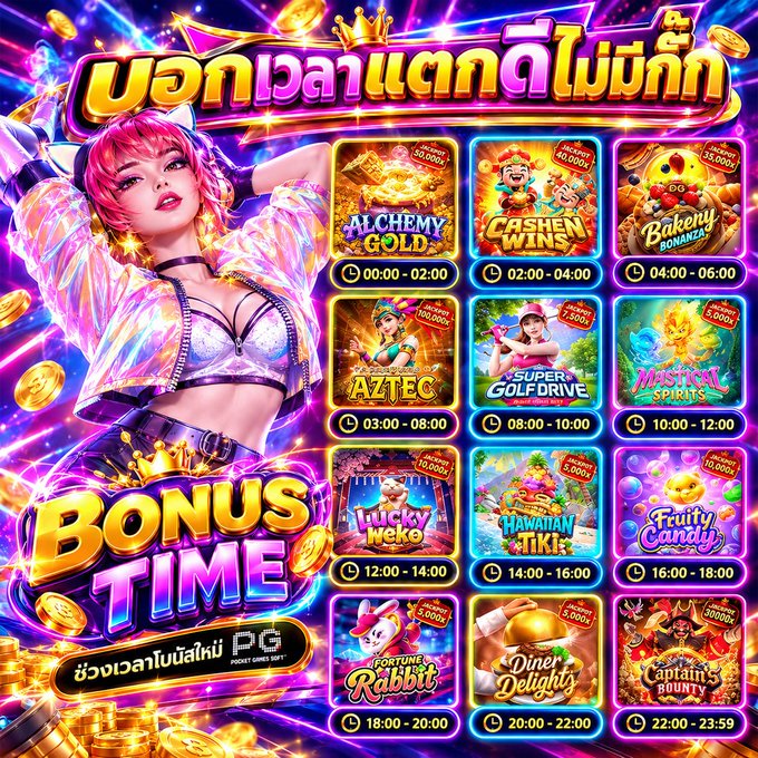 A colorful online gambling advertisement featuring an anime-style woman, Thai text "บอทถล่มแตกดีไม่มีที่", "BONUS TIME", and a schedule grid of games like Alchemy Gold, Cashen Wins, and Aztec.