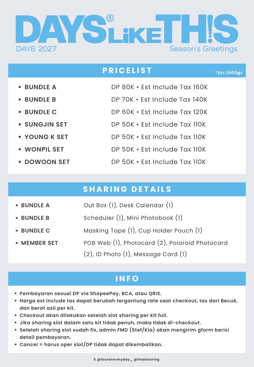 fourevermyday_'s tweet photo. [INA GO]
OPEN PO — SHARING 2027 SEASON'S GREETINGS

🩵 DAY6 Days Like This
🏐 Xdinary Heroes Spike The X

⭐️ DP start from 50K
👀 Close : 14 Oktober 2026
💌 Order : DM

🧩 Update Slot Sharing : https://t.co/SFxpG041cc

🍎 Info :
• Pengiriman dari Surabaya
• Include estimasi tax

t. WTS Pre Order PO Cicilan SG Season Greeting Sungjin Young K Wonpil Dowoon Jungsu Gaon https://t.co/fawPDi8BY5 JunHan Jooyeon XH Xdiz POB #FMD_OpenPO