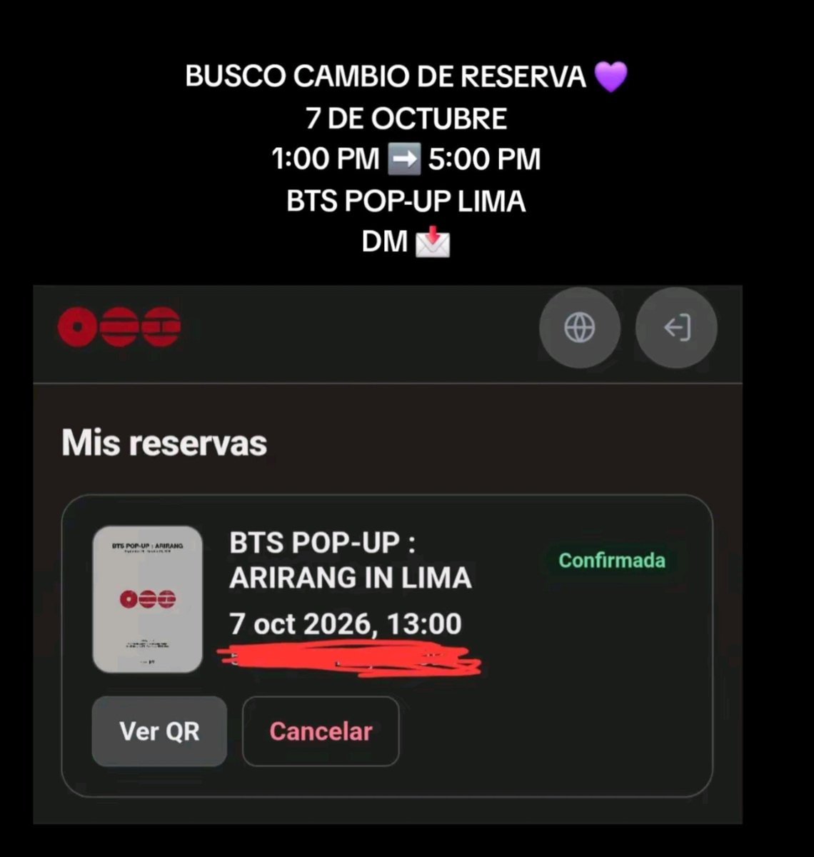 ashlieksj's tweet photo. Hola Armys...
Tengo una reserva para la BTS POP-UP en Lima el 7 de octubre a la 1:00pm., pero necesito
cambiarla por una del mismo día a las 5:00pm.
oor temas laborales :(
Si alguien está interesado, coméntenme o escríbame por DM https://t.co/7sAxjSg8qM