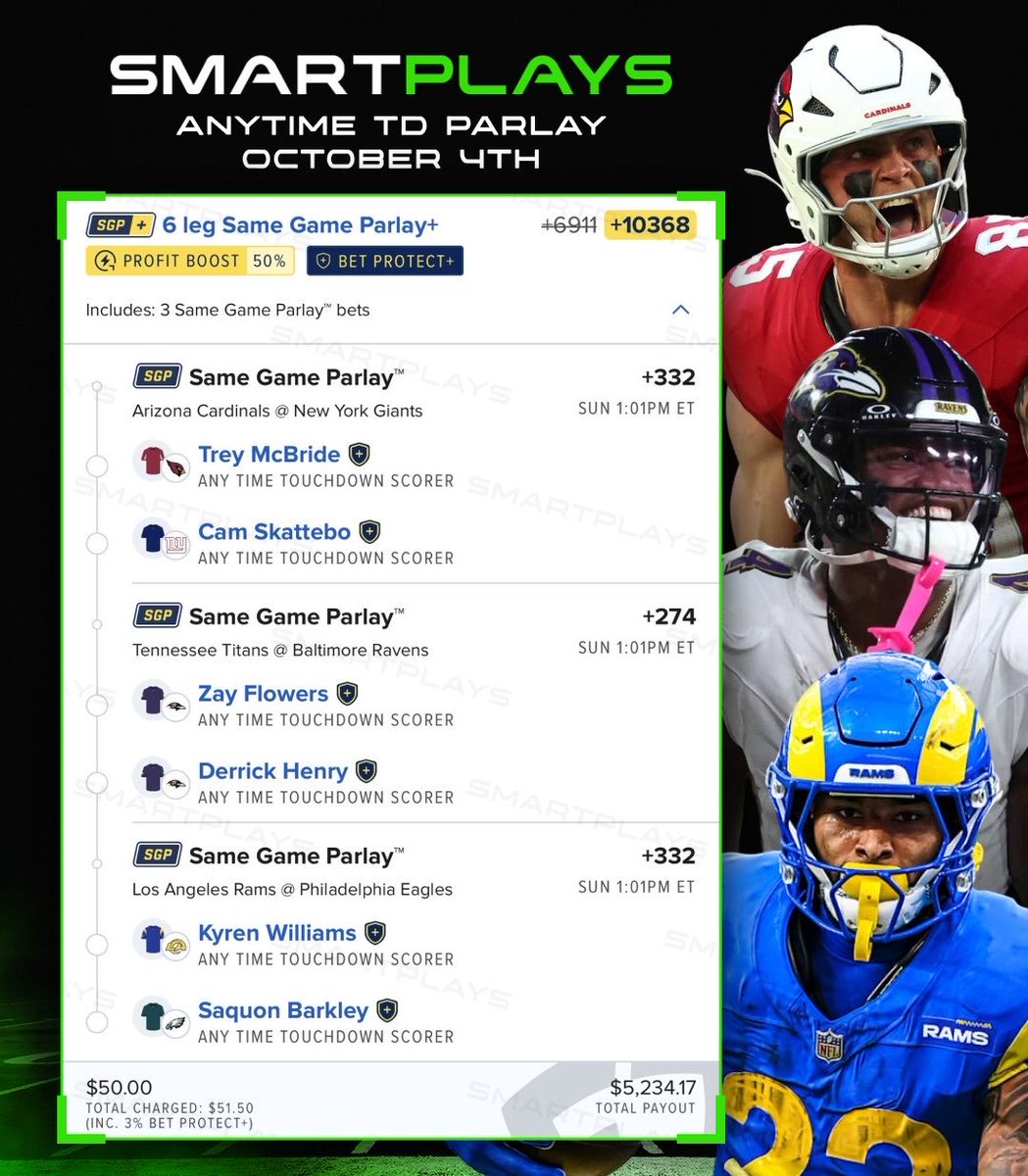 SmartPlaysDaily's tweet photo. How is this touchdown parlay +10,000…. 🎁 https://t.co/WvVuw6X8IK