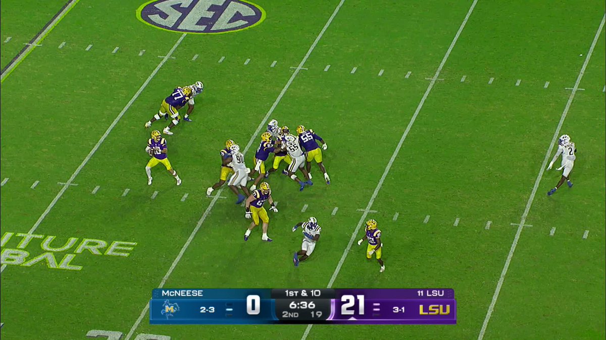 An SEC college football broadcast showing McNeese (0) vs #11 LSU (21), 1st quarter, 6:36 remaining, 1st & 10.