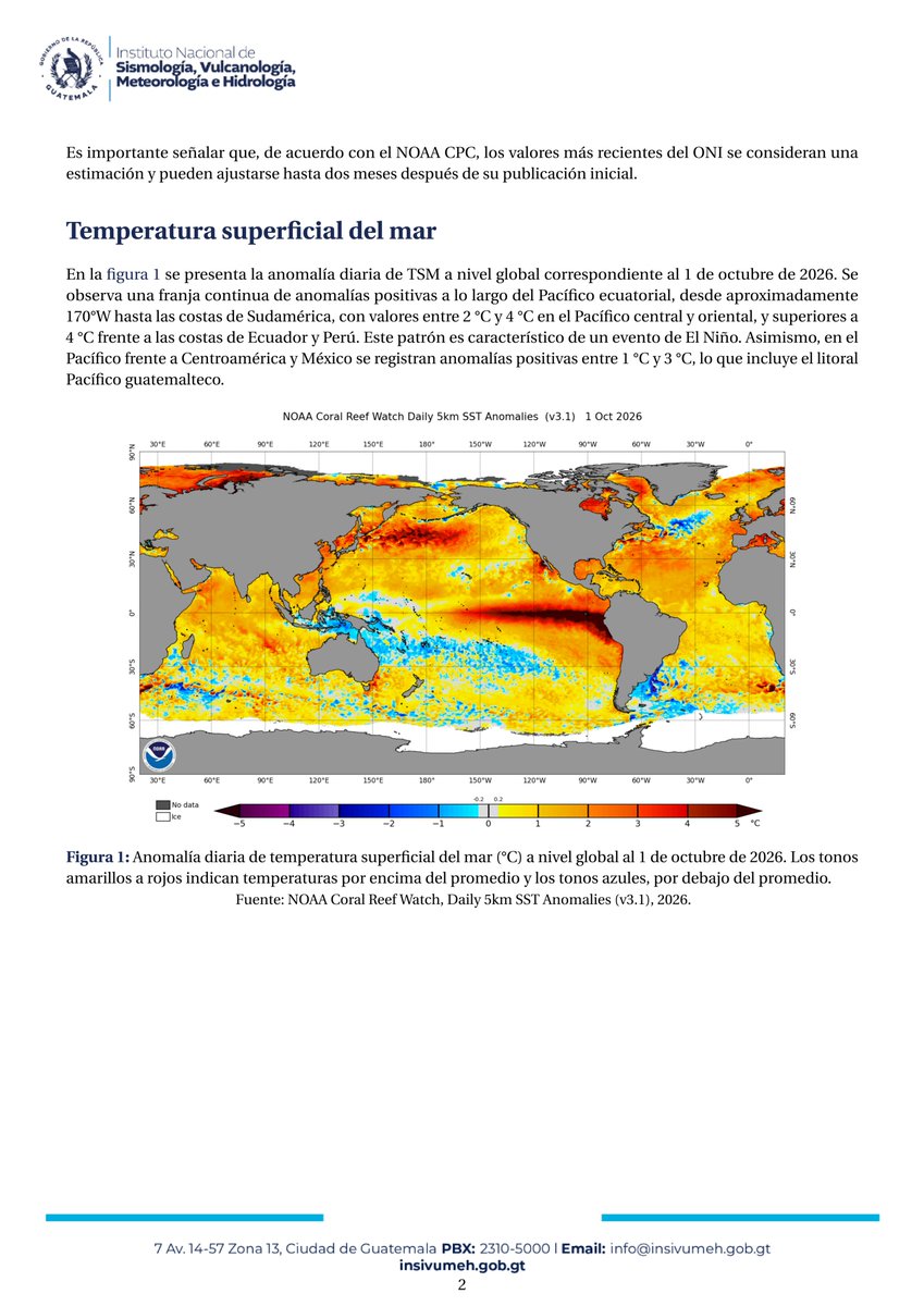 insivumehgt's tweet photo. A continuación te presentamos las Condiciones del Fenómeno de El Niño - Oscilación del Sur (ENOS)
Octubre 2026
(BEAC-202610)
Elaborado por el Departamento de Investigación y Servicios Metcorológicos del INSIVUMEH https://t.co/NKpYRQ8BTw