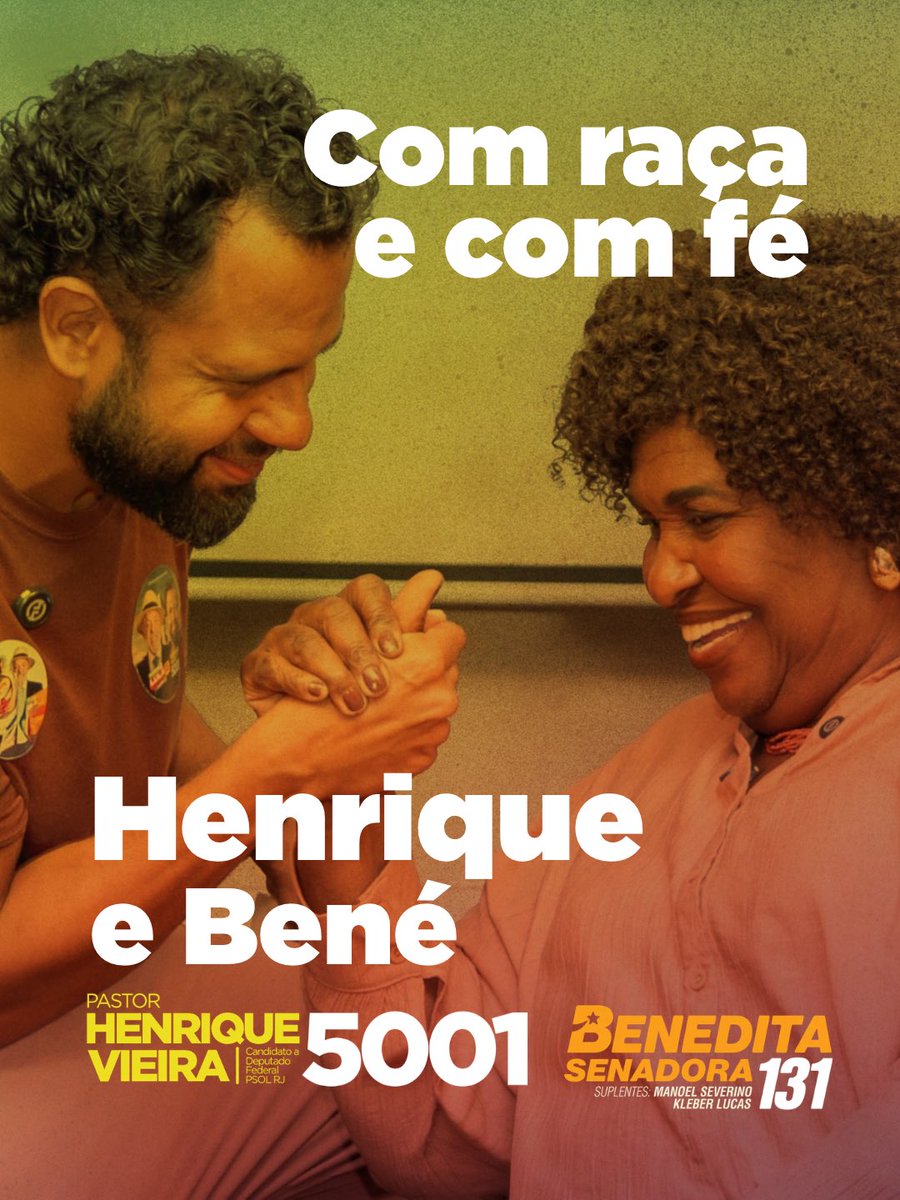 pastorhenriquev's tweet photo. Agora é a hora de eleger Pastor Henrique Vieira e Benedita da Silva. Contamos com o seu voto!

Neste domingo, vote no time que vai ajudar o presidente Lula a governar. 

❤️ @dasilvabenedita 131 para  Senado
🤎Pastor Henrique Vieira 5001 para Dep. federal

#PastorHenriqueVieira5001 #BeneditadaSilva131 #RioDeJaneiro